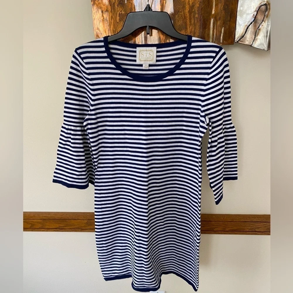 Sail To Sable Dress Stripe Bell Sleeve Knit Preppy Summer Navy White Size Medium